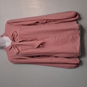 DKNY size Large women's pearl blush pink bow tie long sleeves sheer blouse.
